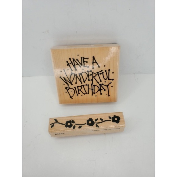 2~Vtg. 1994 & 1997 Printworks Wood Rubber Stamps Birthday‎ & Floral Border - Picture 1 of 4